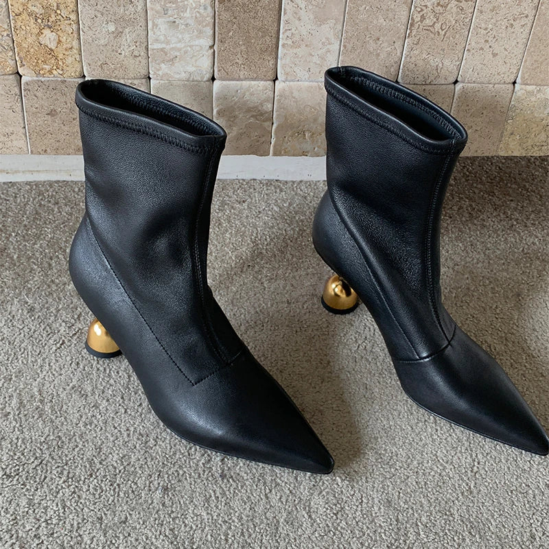 LBSFY -New Style Fashion Women High Heels Short Leather Boots Female Pointed Thin Heel Boots Ladies Ankle Short Boots Zapatos De Mujer