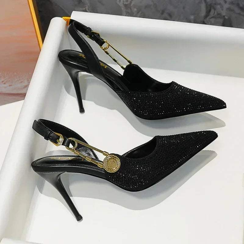 Lbsfy Luxury Rhinestone Sexy Pointed Toe High Heels Women Metal Buckle Shallow Elegant Banquet Party Shoes Mules Pumps Sandals Female