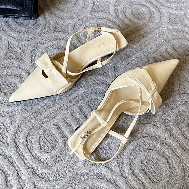 Lbsfy Fashion Small Low Heel Sandals Women Summer Sexy Pointed Toe Slingbacks Mules High Heels Elegant Bow Cross Strap Women Pumps