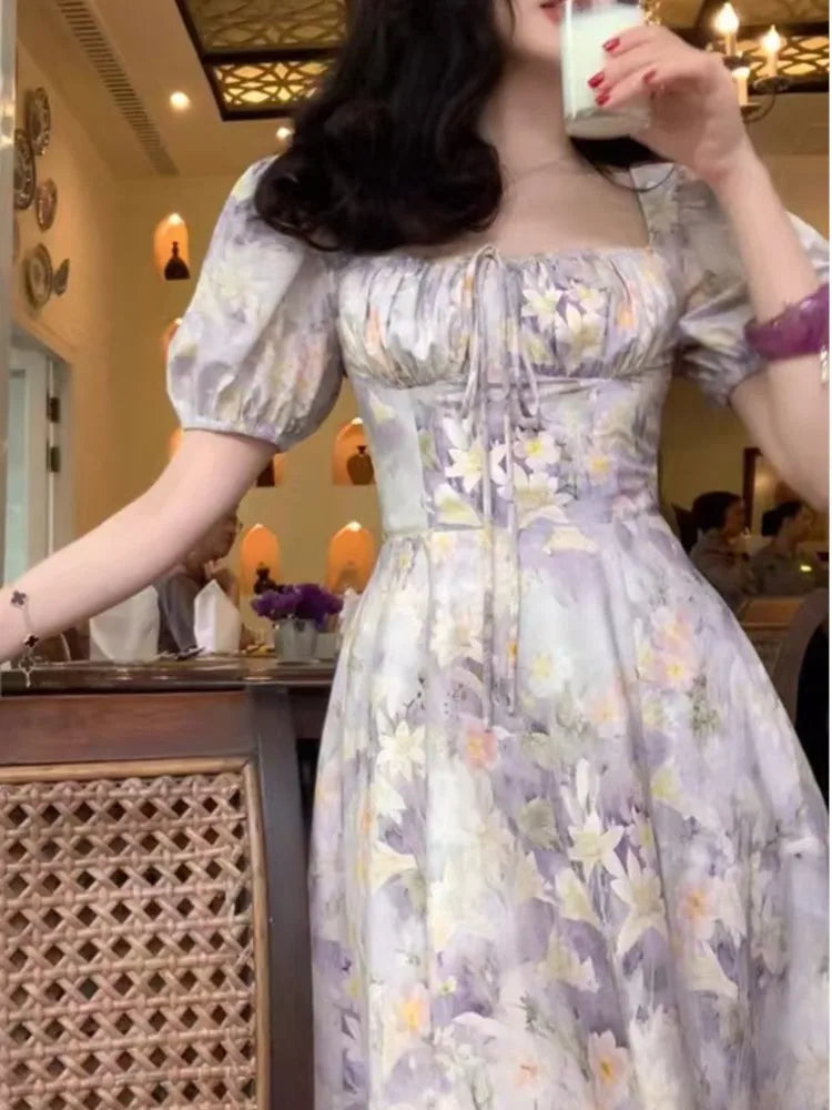 LBSFY -Women's French Print Dresses Casual New Elegant Vintage Square-Collar Floral A-Line Slim Puff-Sleeve Dress Holiday Summer Chic