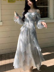 LBSFY -Autumn French Fashion Print Fairy Long Dresses Women Elegant Ruffles A-Line Party Birthday Vestido Female One Piece Clothes New