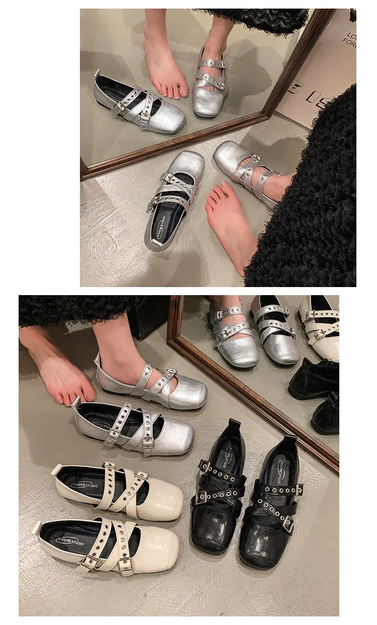 LBSFY -Designer Spring Women Mary Jane Shoes Fashion Square Toe Ladies Comfort Soft Sole Flats Women's Belt buckle Ballerinas Shoes
