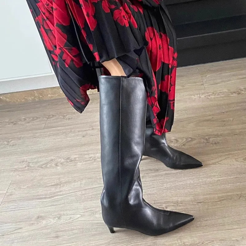 LBSFY  -  Wine Red Cowhide Fashion Boots~New Pointed Splicing Sleeve, Slim Heel, Mid Heel, Elegant High Boots for Women