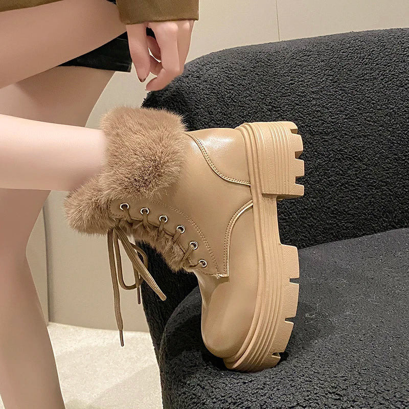 LBSFY  -  Winter Fluffy Fur Women Snow Boots Fashion Lace Up Short Booties Comfort Thick Heels Ladies Shoes