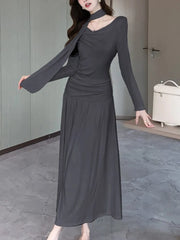 LBSFY -Elegant Solid Evening Dresses for Women Autumn Wedding Prom Robe Pleated Halter Long Sleeves Swinging Collar Vestidos Mujer New