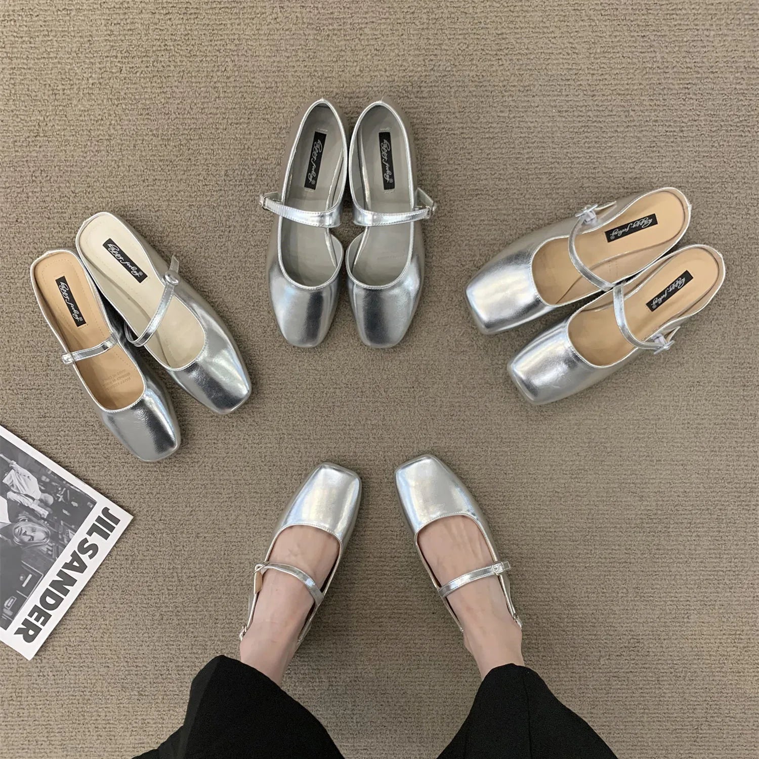 LBSFY -Women Fashing Silver Slippers Ballet Flats Shoes Square Toe Shallow Slip On Ladies Sandals Soft Slides Zapatos Mujer 40