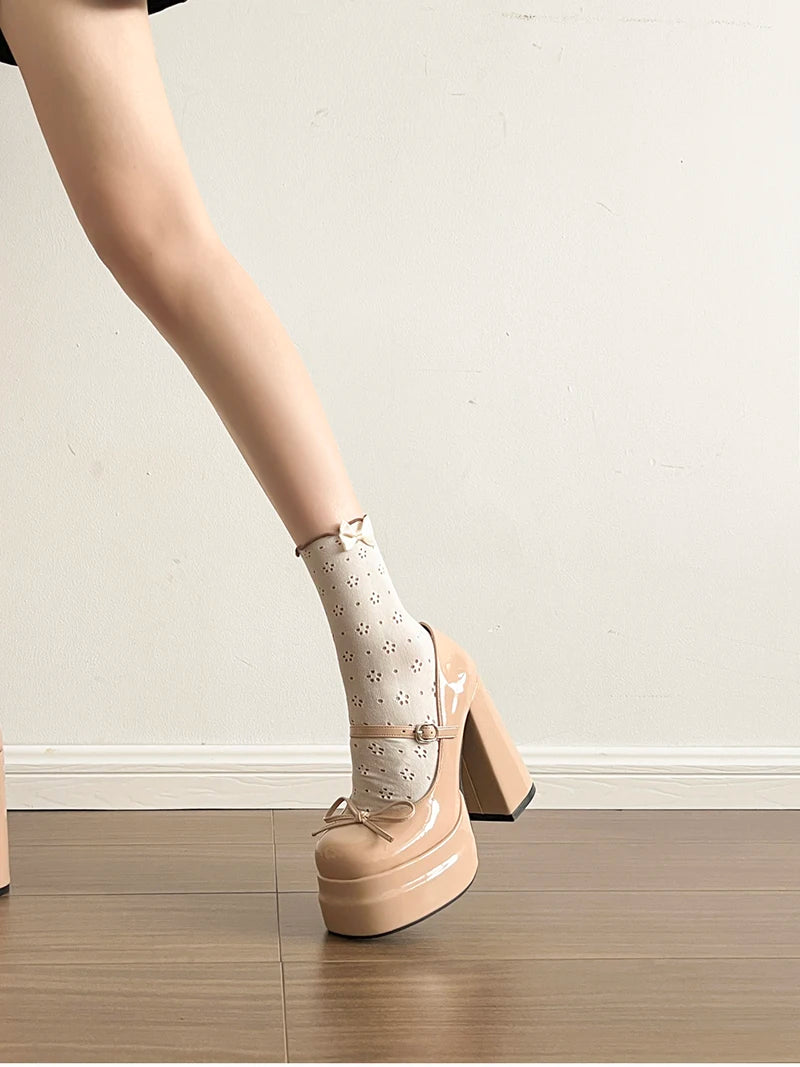 LBSFY -Platform Square High Heel Women's Mary Jane Shoes Fashion Butterfly-knot Shoes Spring Autumn Wedding Party Shoes