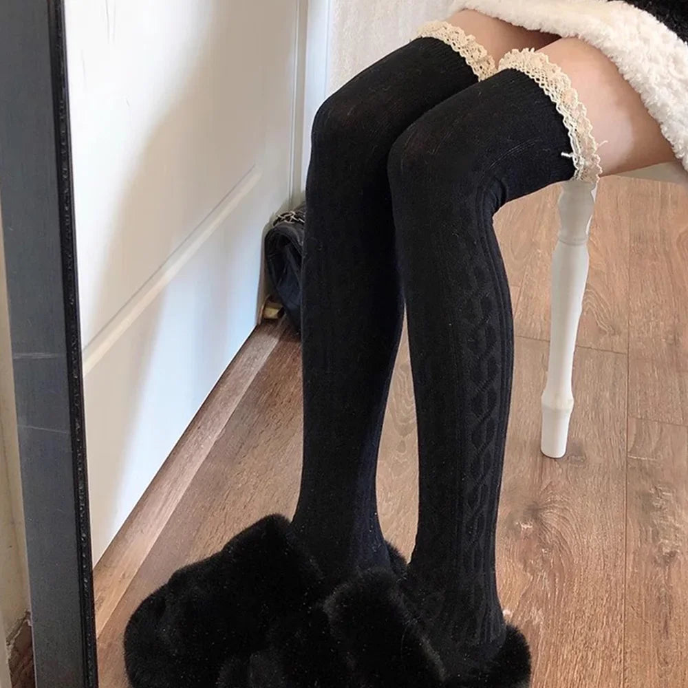 Lbsfy Lolita Lace Up Long Knee Socks for Women Over Knee Thigh High Stockings Spring Autumn Fashion Girls Warm Sexy Cotton JK Tights
