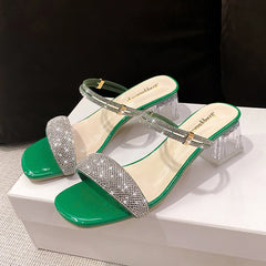 LBSFY -Shiny Gold Silver Women's Sandals Summer Crystal High Heels Party Shoes Woman Comfortable Thick Heel Slides Sandalias Mujer