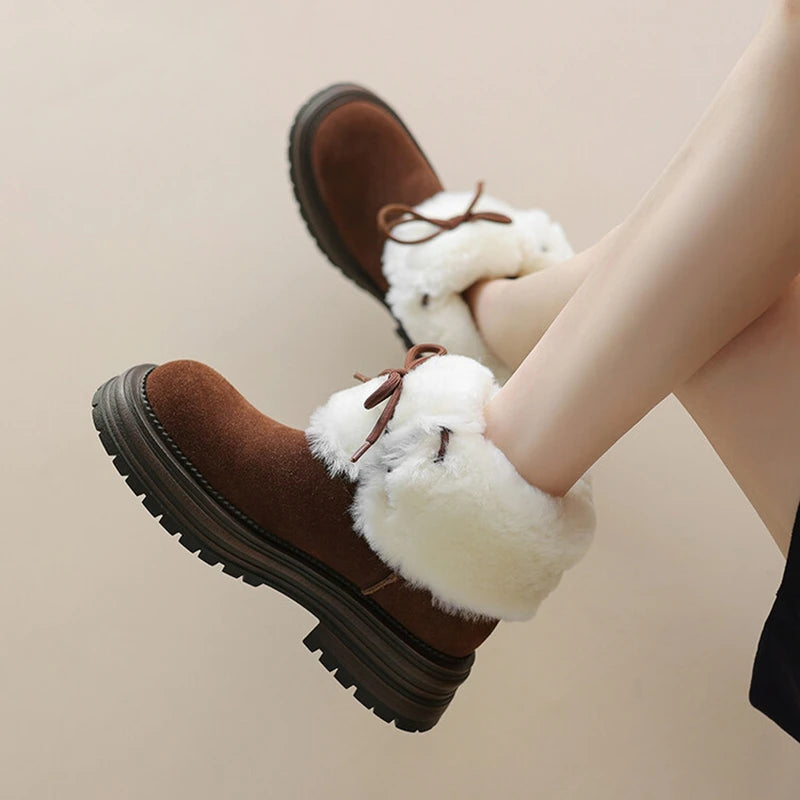 LBSFY  -  NEW Winter Women Boots Cow Suede Leather Shoes for Women Round Toe Thick Heel Shoes Lace-up Platform Short Boots Wool Snow Boots