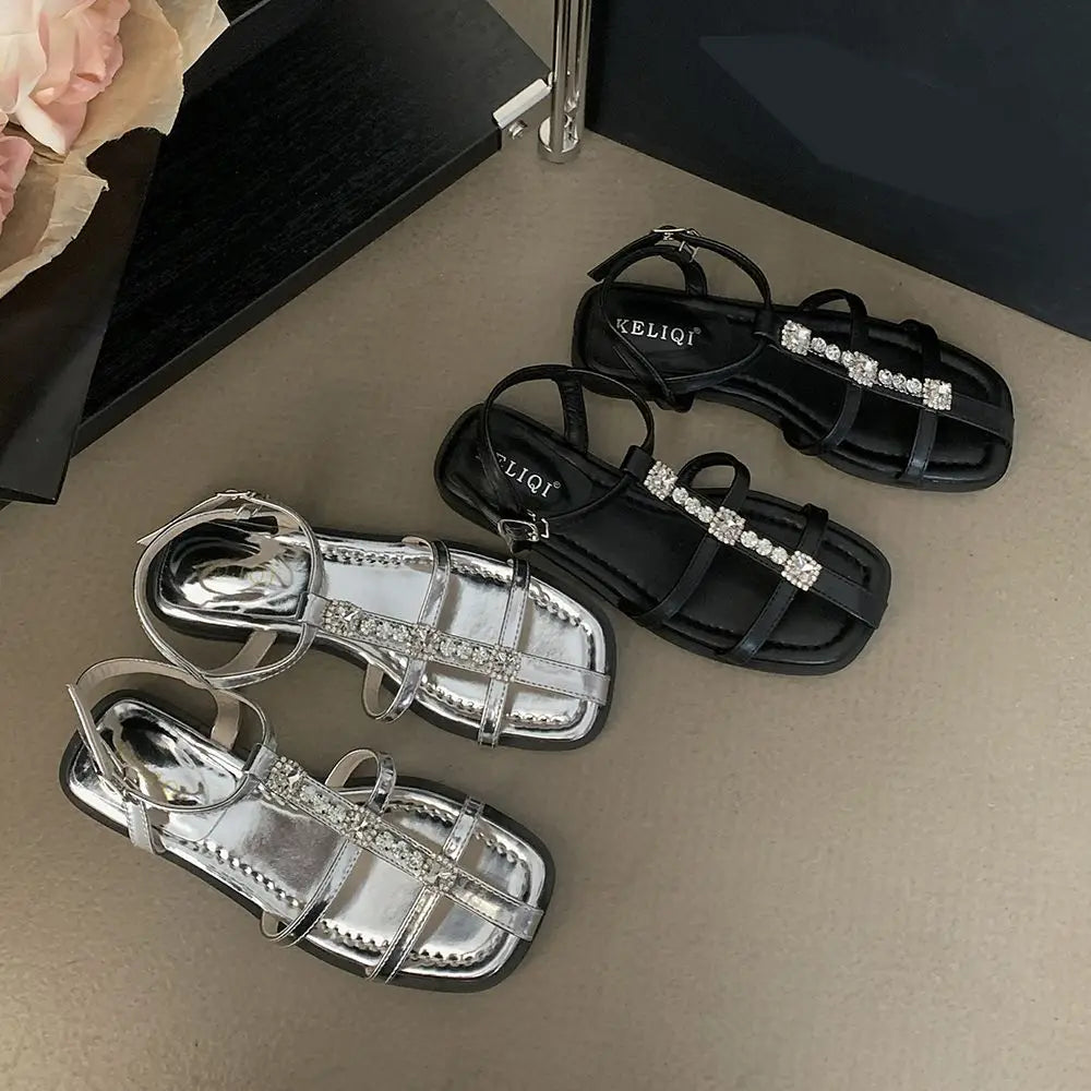 LBSFY  - Open Toe Women Sandals Flat Low Heels Silver Black Rhinestone Chain Ankle Strap Buckle Fashion Shining Sandals Slippers Mules