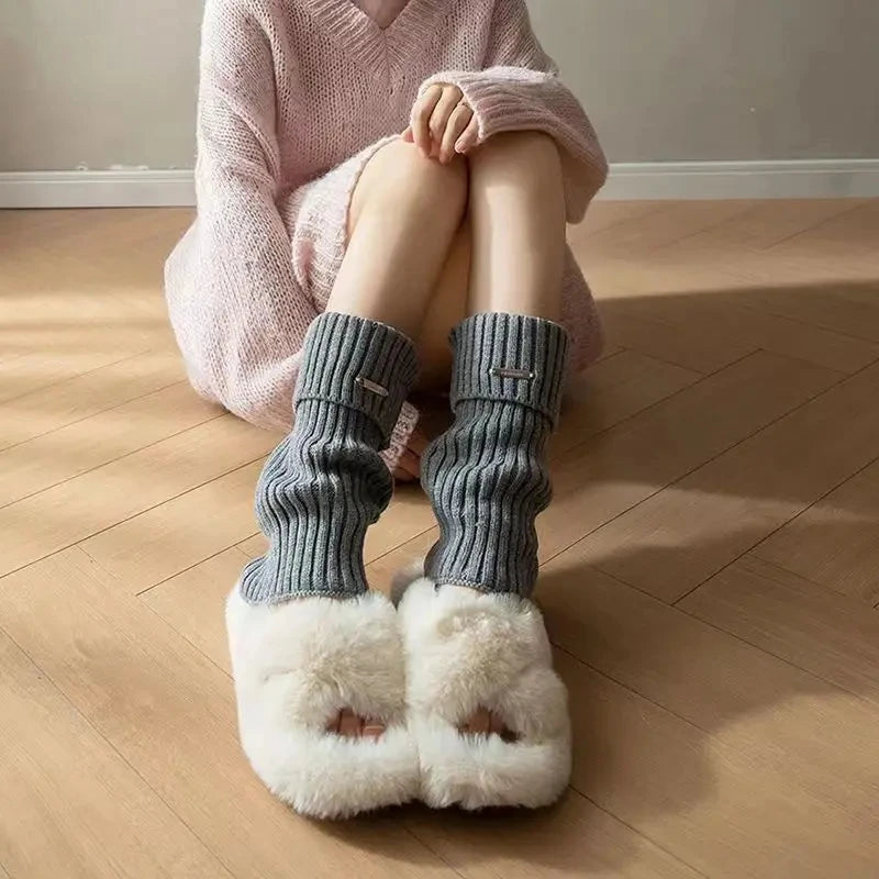 Lbsfy Leg Warmers Woman Autumn and Winter Knit Thick Warm Girls Lolita Socks Metal nameplate White Black Loose Leg Warmers