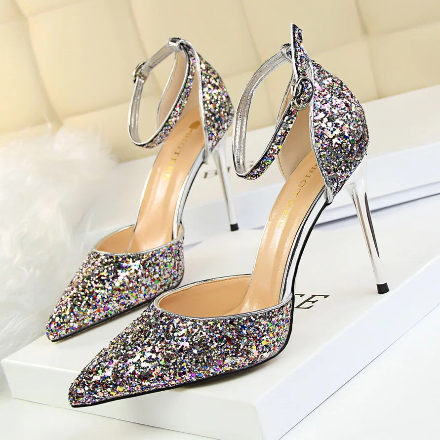 LBSFY  -  2024 summer new European style stiletto heels shallow mouth pointed head sequins sexy nightclub show thin sandals for women