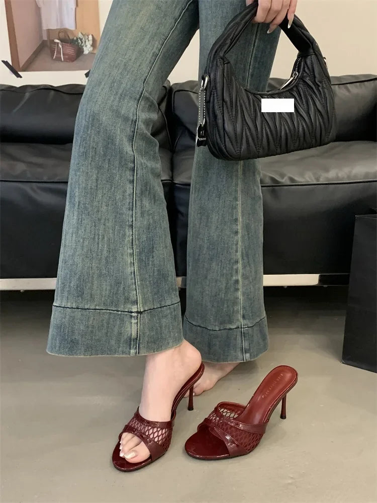 LBSFY -Summer Fashion Mesh Woman Slippers Elegance Stripper Thin Low Heels Beach Ladies Mules Slides Shoes Zapatos De Mujer