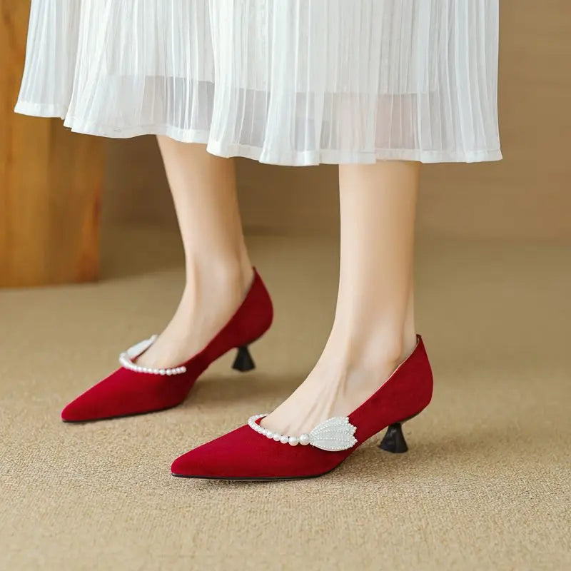 LBSFY  -  2024 New Suede Leather Women Pumps Pointed Toe Mid Heels Ladies Party Wedding Shoes Pearl Spring Summer Fashion Shoes