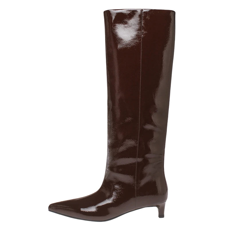 LBSFY  -  Ins Hot Genuine Leather Boots Women Mid Heels Pointed Toe Knee High Boots Slip On Fashion Long Boots Ladies Office Shoe