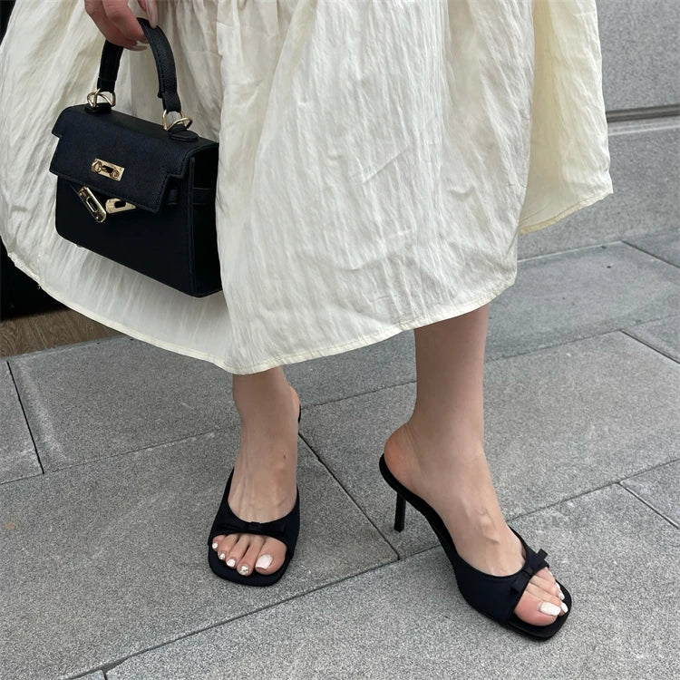 LBSFY -Summer Fashion Butterfly-knot Satin Women Slipper Slip On Ladies Sandal Thin High Heel Outdoor Dress Slides Shoes