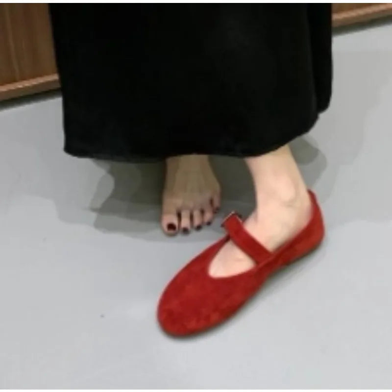 LBSFY -New Style Fashion Women's Ballet Flats Retro Red Double Belt Buckle Decoration Casual High Quality Big Size Lady Mary Jane Shoes
