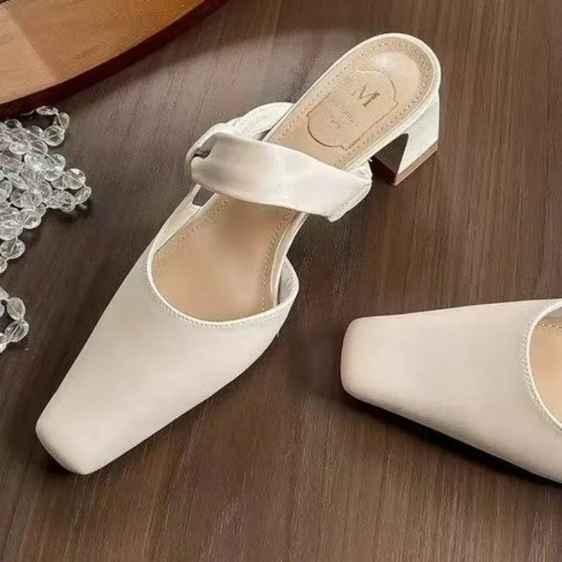 LBSFY -Summers New Style Evening Breeze Baotou Half Slippers French Low Heel Women's Shoes Summer New Thick Heel Slippers Zapatos Mujer