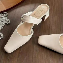 LBSFY -Summers New Style Evening Breeze Baotou Half Slippers French Low Heel Women's Shoes Summer New Thick Heel Slippers Zapatos Mujer