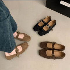 LBSFY -New Women's Shoes Suede Flats Loafers Women Marie Jane Shoes Square Toe Ballet Dance Shoes Fashion Luxury Dress Zapatos De Mujer