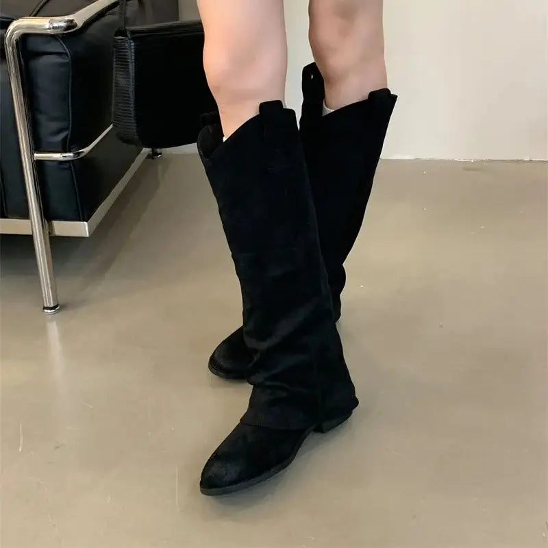 LBSFY  -   Knee High Boots Women Western Cowboy Shoes Block Heel Retro Cowgirl Long Boot