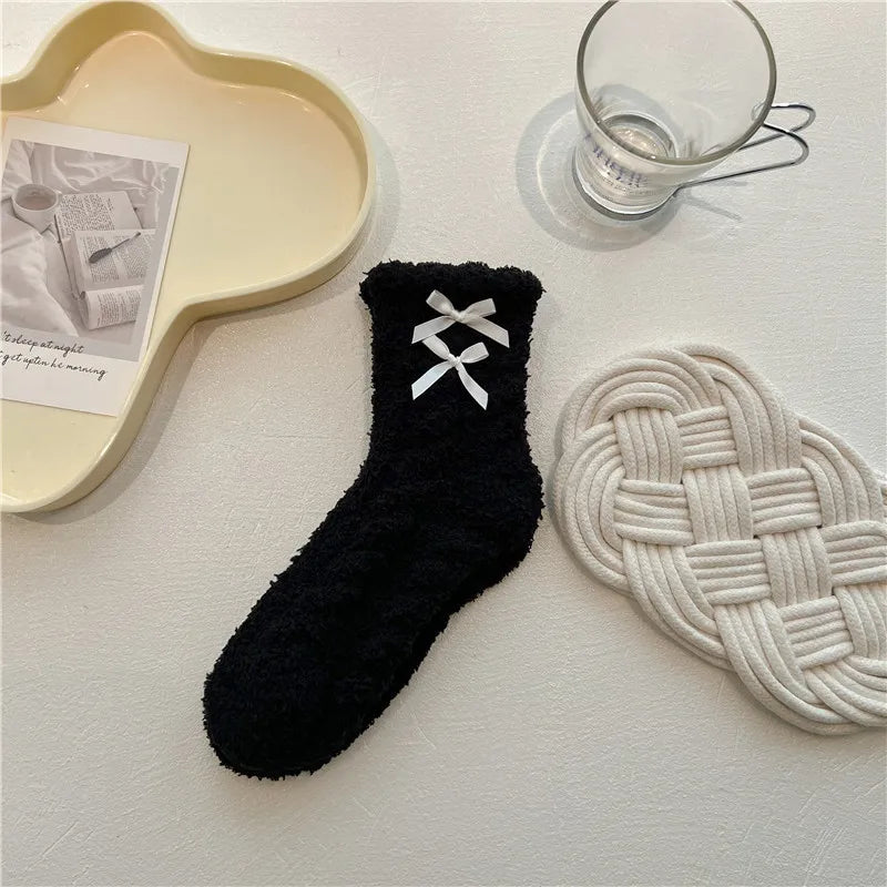 Lbsfy Women Cute Fuzzy Socks White Black  Winter Warm Fleece Kawaii Flower Bowknot Fluffy Socks Fashion Thicken Home Floor Sleep Sock