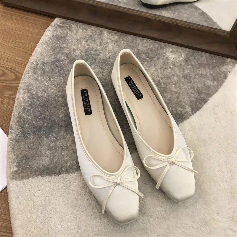 LBSFY -Luxury Lace Tie Leg Satin Silk Ballet Flats Woman Square Toe Bowknot Elastic Band Ballerinas Ladies Wedding Mary Janes Shoes