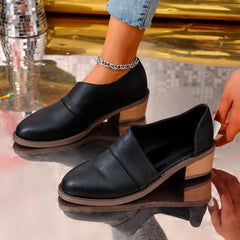 LBSFY -Women's Chic Pointed Toe Low Top Chunky Heel Shoes Side Cut Out Design Oxford Shoes Casual Open-toe Low-heeled Leather Shoes