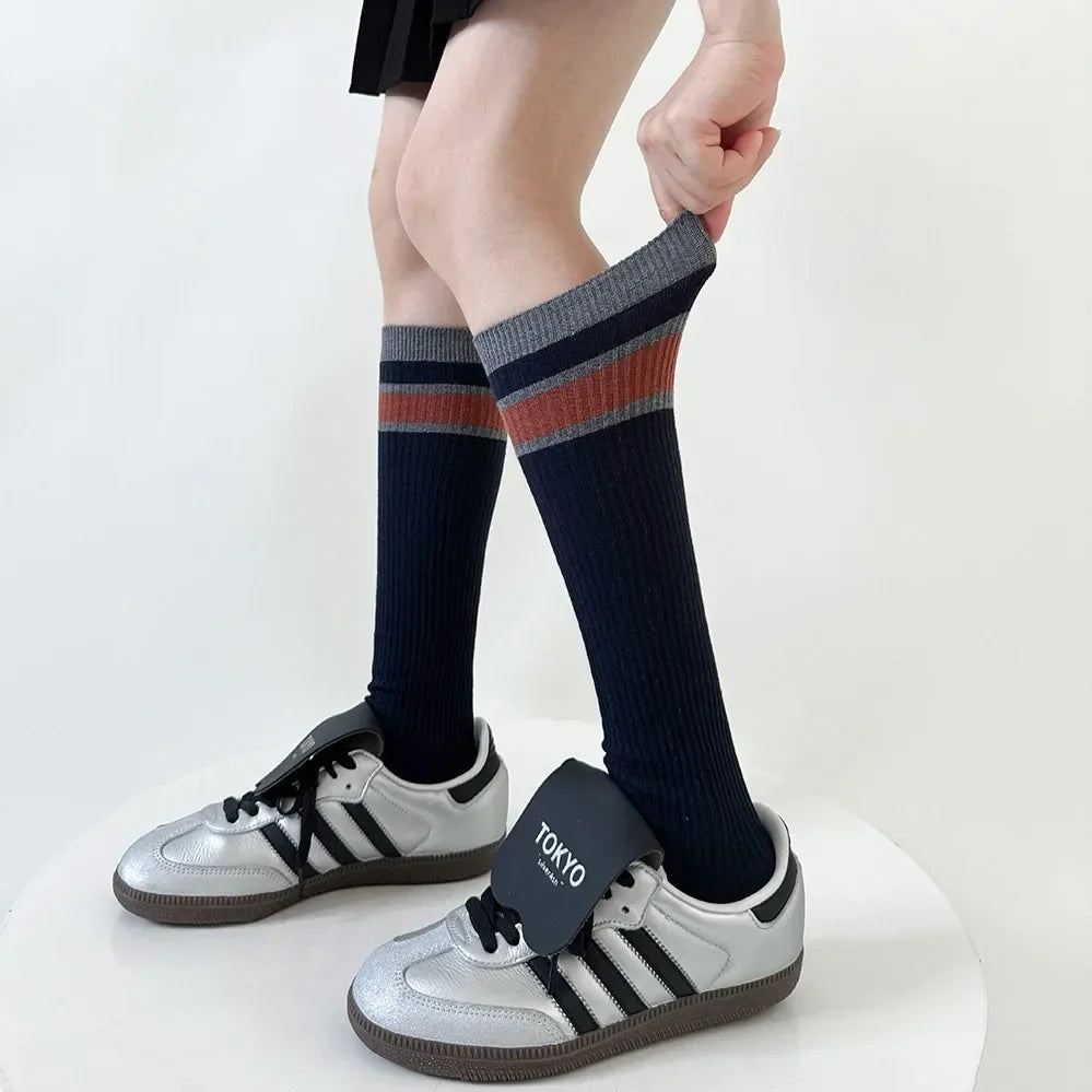 Lbsfy Korean Striped Calf Socks Cotton Colorblocked Knee Socks High Breathable Sport Cycling Mid-calf Socks Japanese JK Accessories