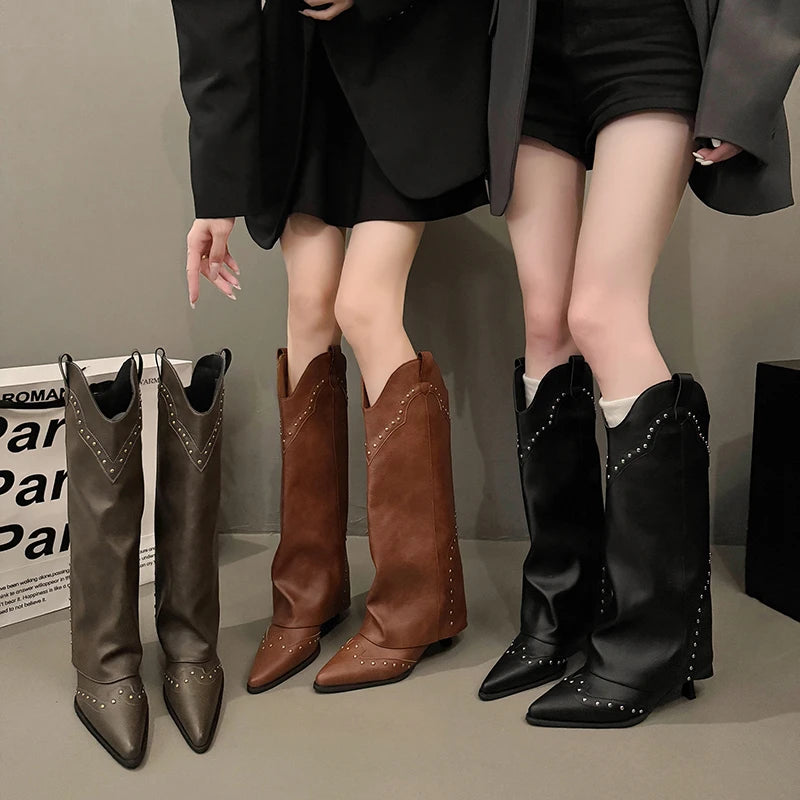 LBSFY -Woman Cowgirl Boots Fashion Slip on Ladies Elegant Square Heel Long Pipe Boots Shoes Retro Women's Winter Footwear