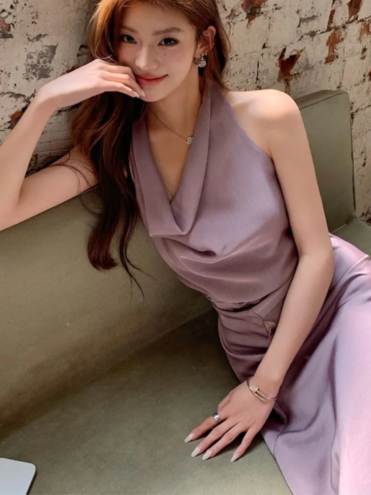 LBSFY -Spring Summer Elegant Purple Party Long Dresses For Woman French Fashion Vintage Swing-Collar Lace-up Slim New Dress Prom Female