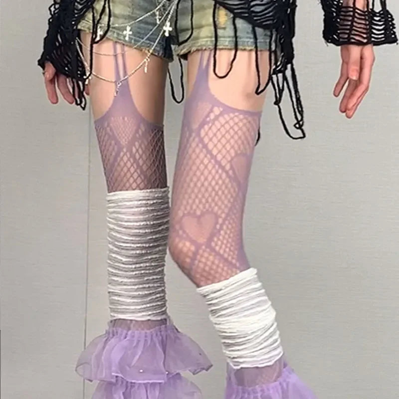 Lbsfy Women Purple Stocking Sexy Lace Leg Covers Love Hollow Mesh Thigh Garter Stockings Pantyhose Nude Party Suspender Tights