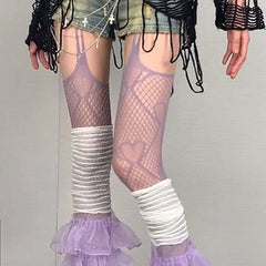 Lbsfy Women Purple Stocking Sexy Lace Leg Covers Love Hollow Mesh Thigh Garter Stockings Pantyhose Nude Party Suspender Tights