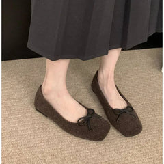 LBSFY -Woman Casual Square Head Bow Flats Flock Mocasines Ballerina Church Flats Female Suede Elegant Soft Sole Women Shoes