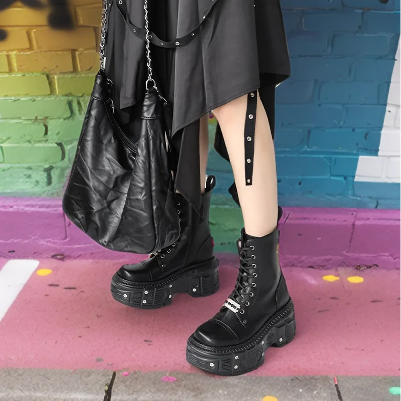 LBSFY  -  Y2K Bratz 2024 Punk Women Platform Ankle Boots Rock Round Toe Lace Up Fashion Retro Chunky Shoes Metal Decor Short Boots