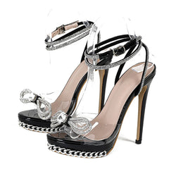 LBSFY  -Summer Fashion Crystal Bowknot Transparent Sandals Women Silver Chain Designer High Heels platform Shoes Sandalias