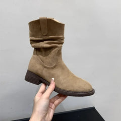 LBSFY -New Style Luxury Women's Fashion Short Boots Women's High Quality Genuine Leather Boots Wrinkled Split Toe Commuter Calf Boots