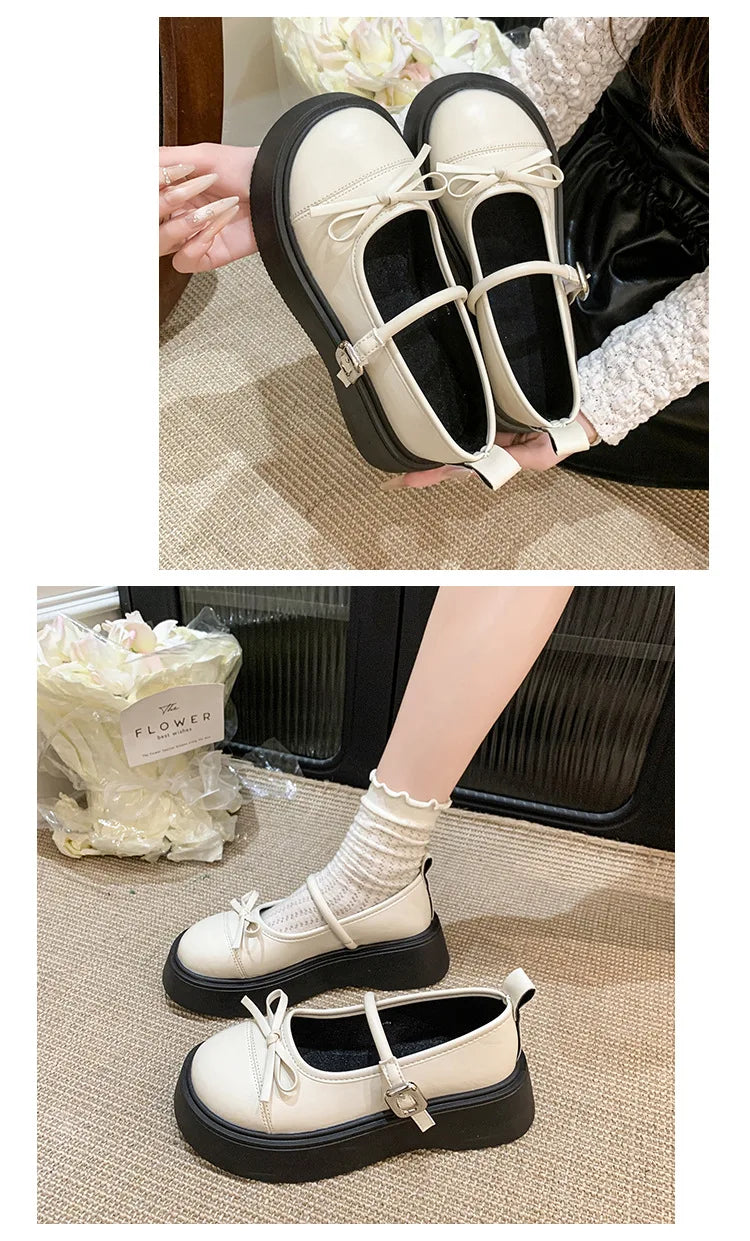 LBSFY -French bowknot Mary Jane Platform Shoes Woman 2025Buckle Strap Pu Leather Casual Shoes Woman Thick Sole Student Jk Uniform Shoes