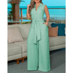 LBSFY  -  2024 Spring Summer New Women's Clothing Solid Color Shirt Collar Sleeveless Solid Color Zipper Strap Wide Leg Jumpsuit Pants