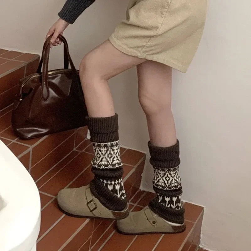 Lbsfy Women Vintage Knit Wool Leggings Covers Socks Korea Women Y2K Tulip Calf Socks Winter Thickened Leg Warmers Harajuku Leg Covers
