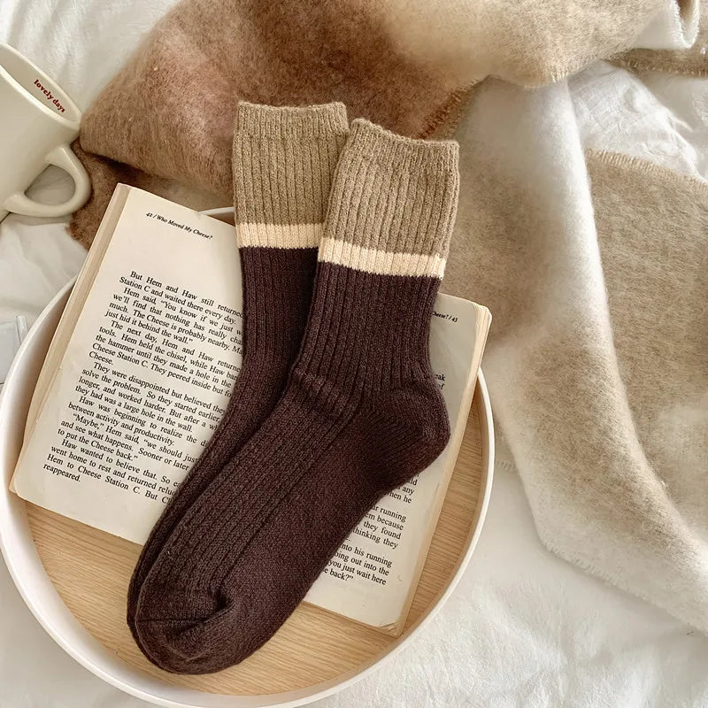 Lbsfy Wool Winter Thick Warm Cute Socks Cotton Korean Wool Stripe Designer Socks Middle Tube Kawaii Casual Harajuku Women Socks