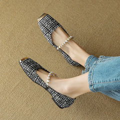 LBSFY -Elegant Tweed Cloth Ballet Shoes Ladies Square Metalic Toe Flats Pearl Beading Loafers Plaid Designer Office Dress Shoes Woman