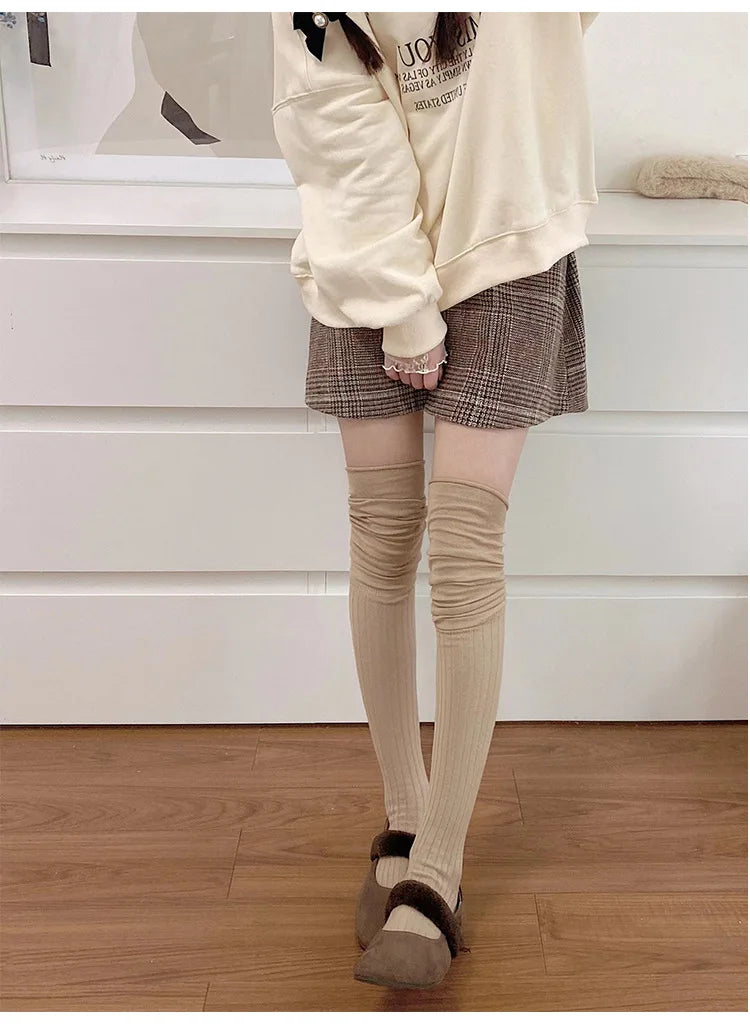 Lbsfy Socks Woman Winter Thick Solid Color Lolita Cute JK Thigh High Stockings Black White Long Socks for Women Fashion Medias
