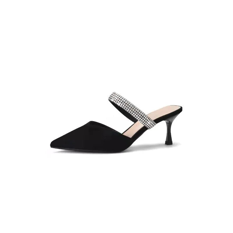 LBSFY  -  New style straight line diamond V-notch pointed high heel sandals with black sexy bun half trailer women's shoes