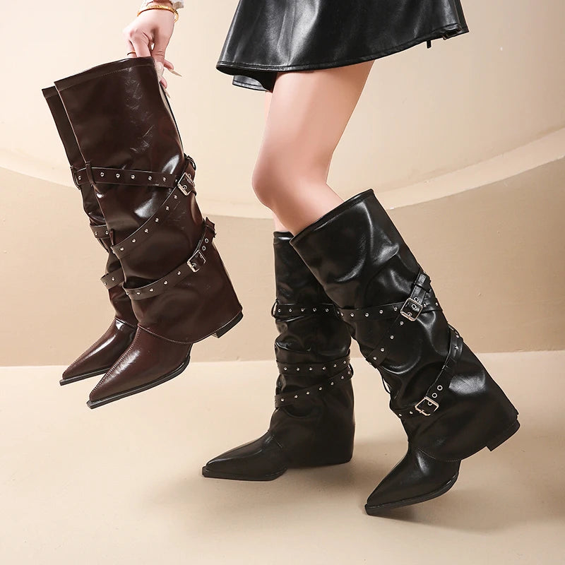 LBSFY -Designer Women's Boots Spring Cosy Pointed Toe Woman Shoes  Fashion Sexy Knee-High Boots for Women Belt Buckle Thick Heel Boots