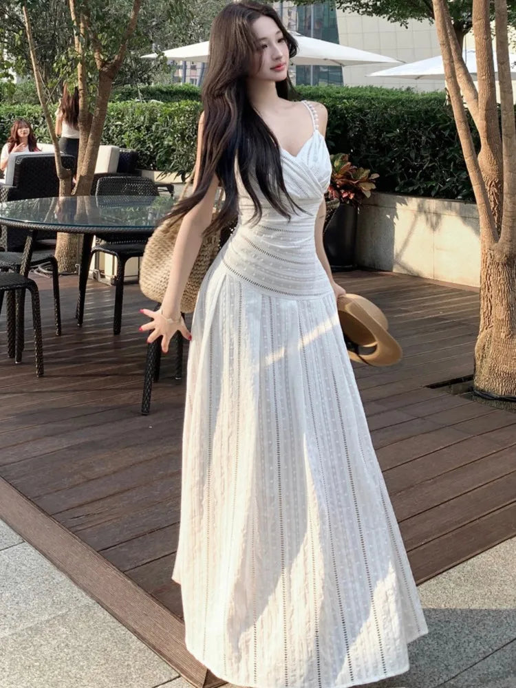 LBSFY -French Vintage Fashion Women's Sling Dresses 2025 New Summer V-Neck Slim Waist Spaghetti Strap Long Dress Casual Holiday Robe