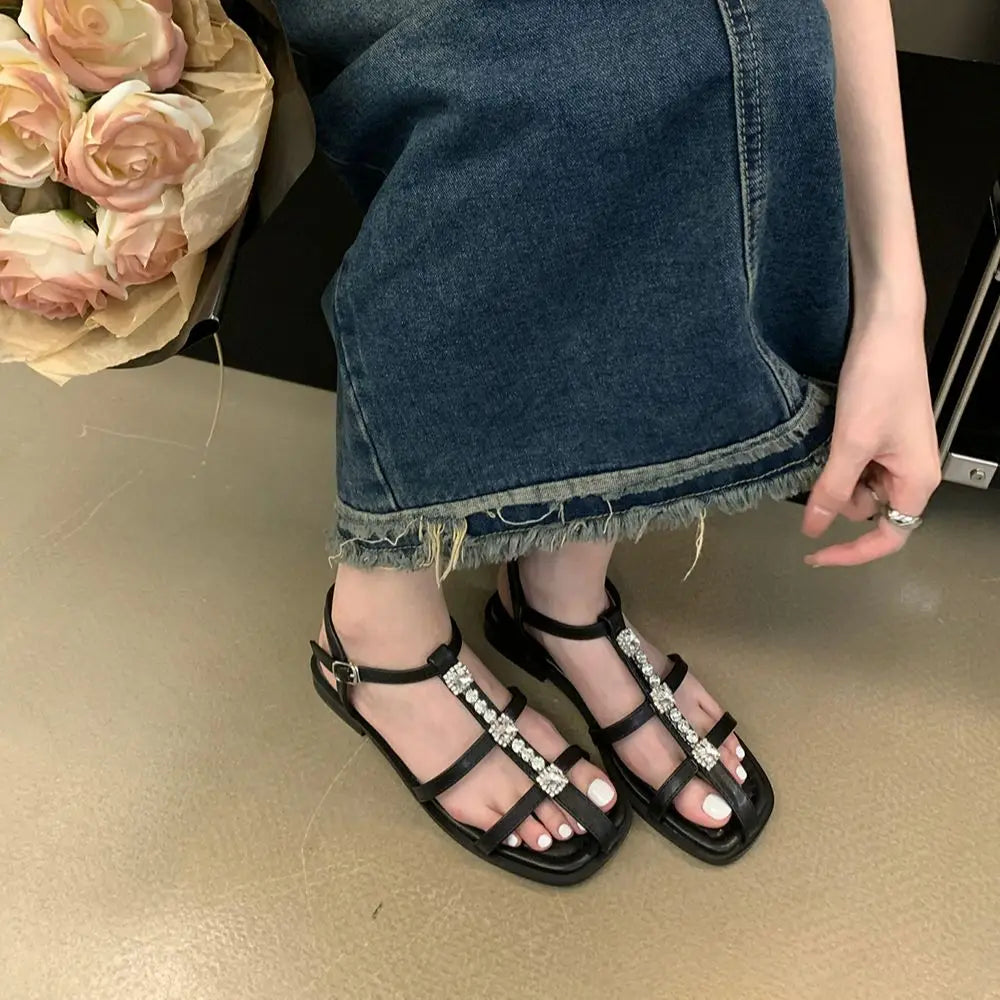 LBSFY  - Open Toe Women Sandals Flat Low Heels Silver Black Rhinestone Chain Ankle Strap Buckle Fashion Shining Sandals Slippers Mules