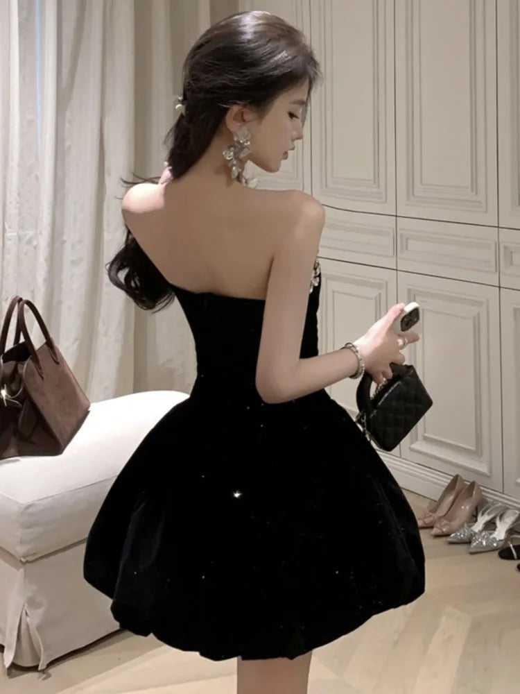LBSFY -Black Velvet Womens Dresses Sexy Strapless Backless Wedding Party Mini Dress Slim Waist Prom A-Line Vestidos Female Clothes New