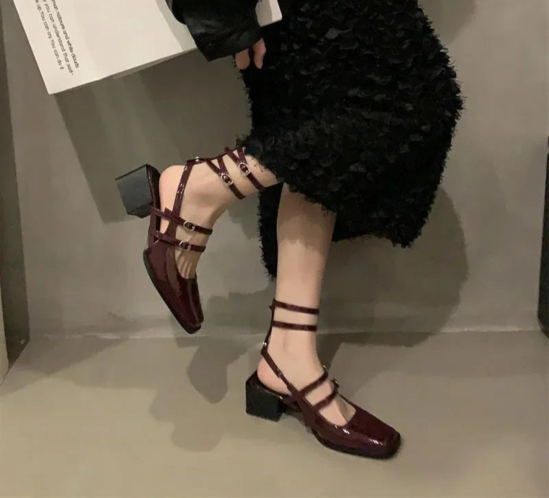 LBSFY  Summer Thick Heel Women Sandals Fashion Square Toe Cross Ankle Strap Shoes Ladies Elegant Party Dress Sandalias